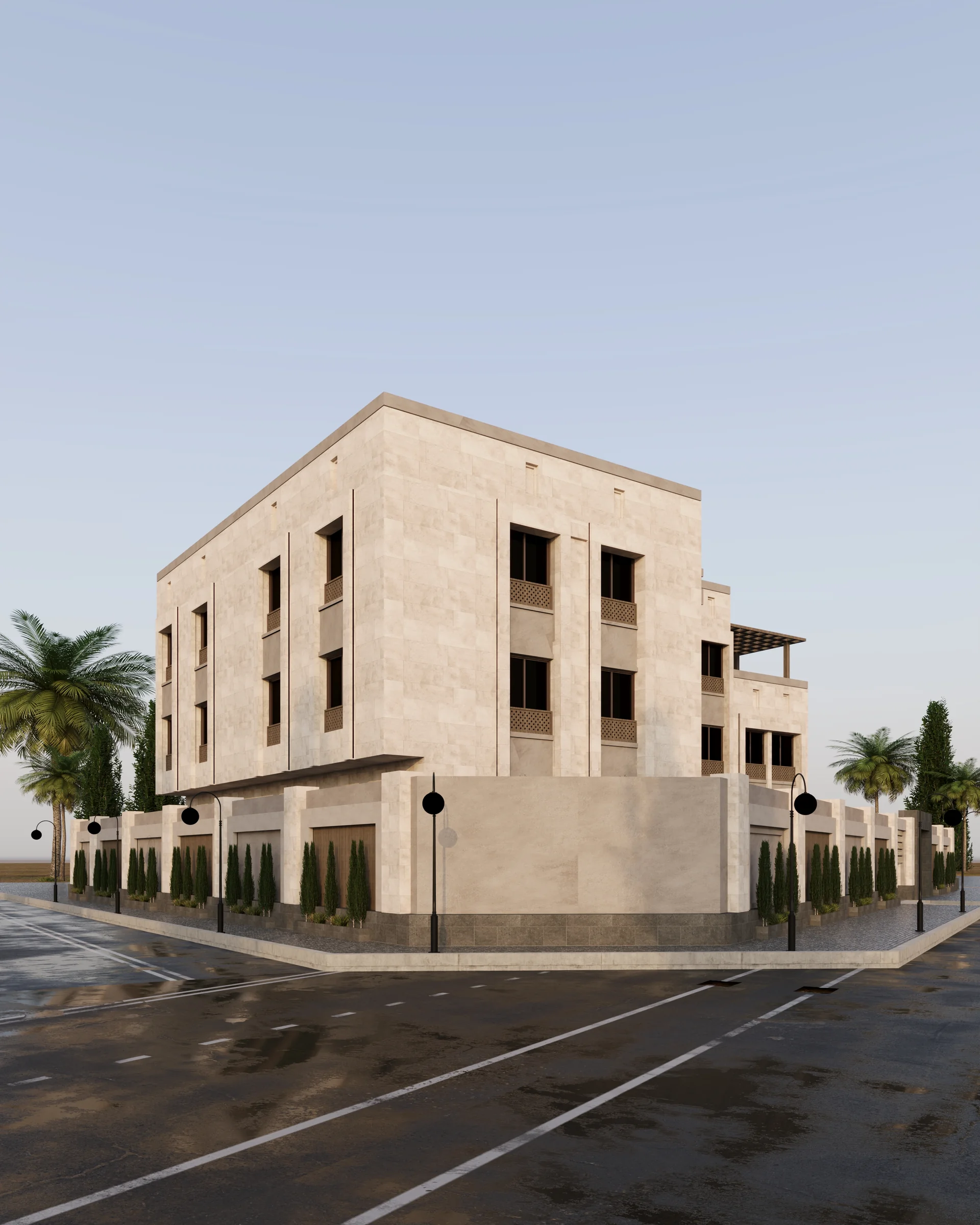 تصور معماري نهاري للواجهة الأمامية لفيلا حي الرمانة بالمدينة المنورة، يظهر الشرفات والمدخل وبوابة السيارات.