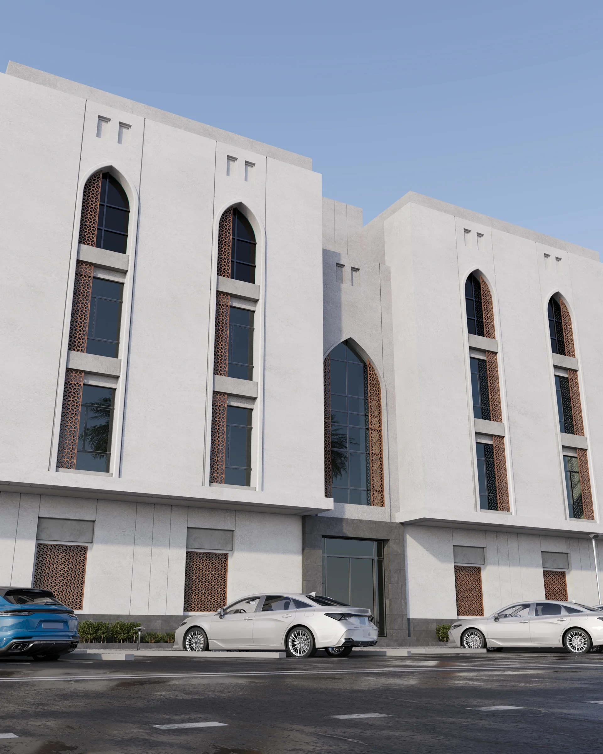تصور معماري لواجهة عمارة أملاك طيبة في وادي مذينب بأقواس مدببة وزخارف هندسية.